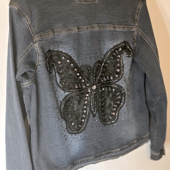 Sassy Thai Denim Jean Jacket Embellished Butterfly Embroidered Lace Size Large - Picture 10 of 13